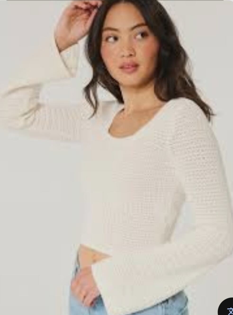 Hollister White Knit Cropped Sweater M Square Neck Flared Sleeve Boho Tie Back
